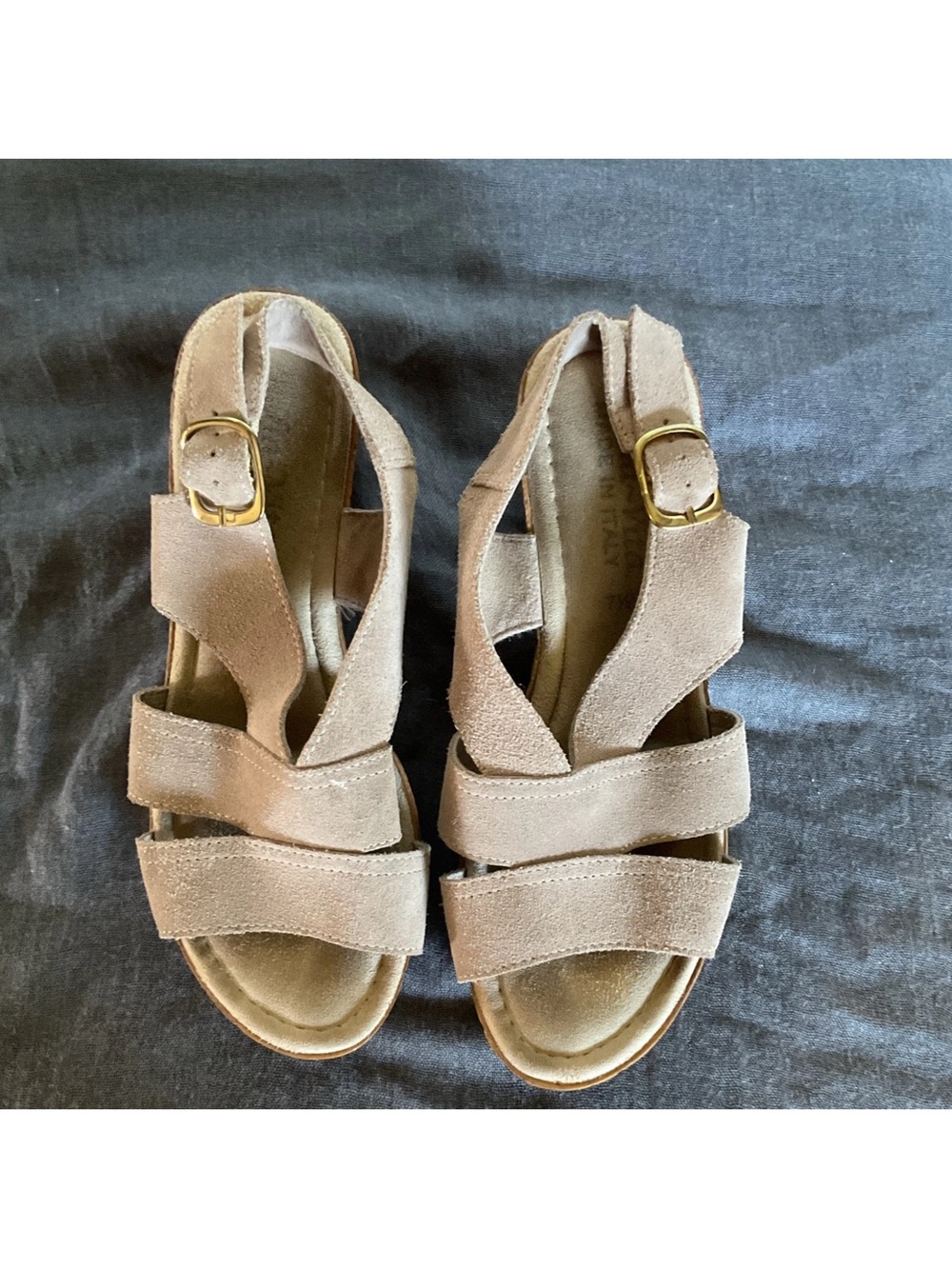 Bella Vita Taupe Suede Strappy Sandals with Gold Buckles